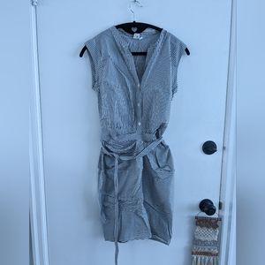 Button up shirt dress with rouching details and tie waist